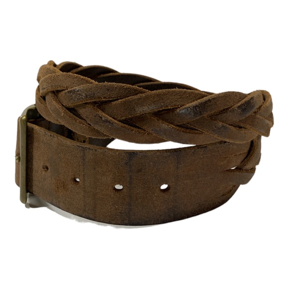 Vintage Leather Braided Belt Burnished Distressed Brass Buckle Sz M Brown - Picture 4 of 10